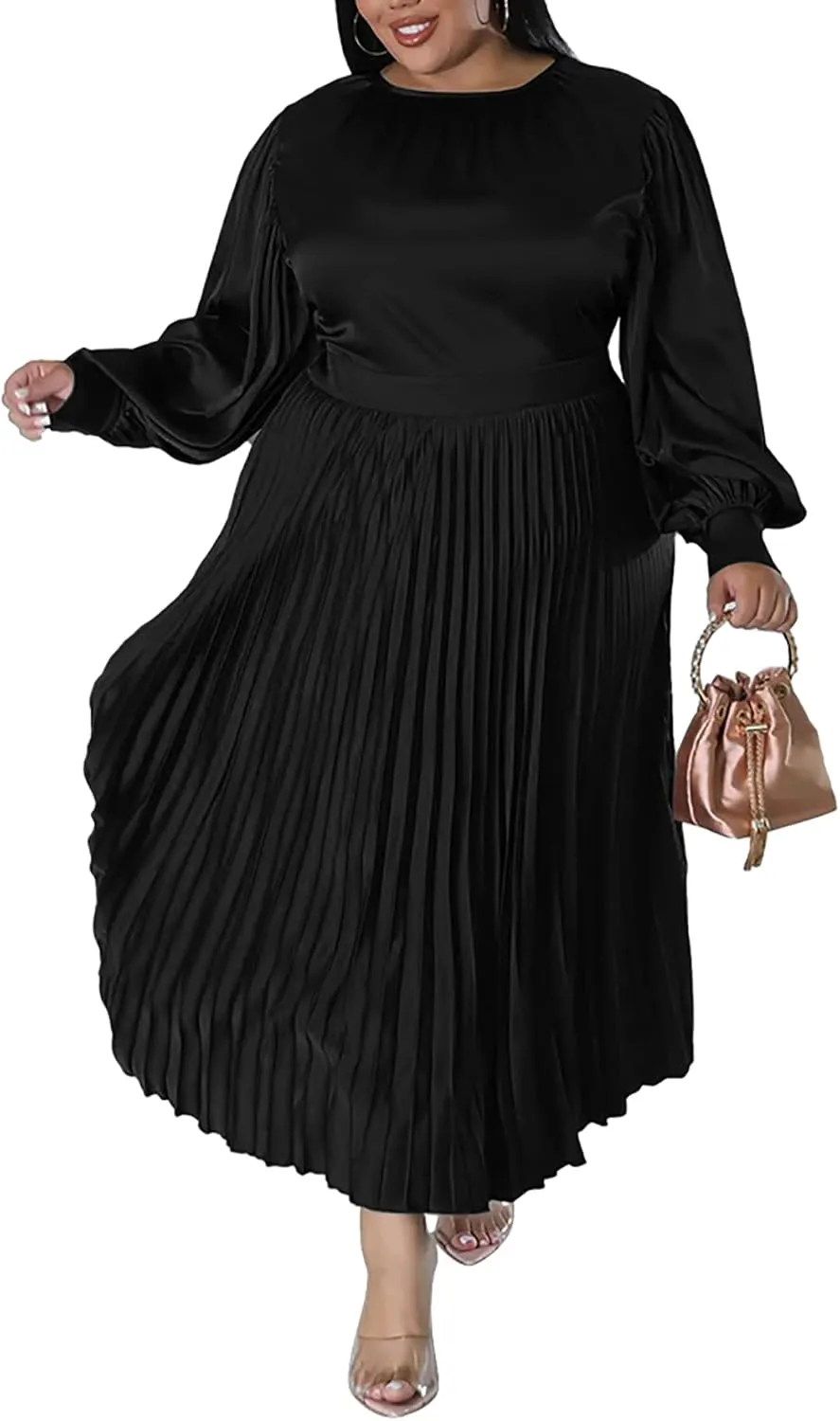Women's Plus Size Maxi Dresses 2023 Fall Lantern Long Sleeve Flowy Swing Pleated Maxi Dresses