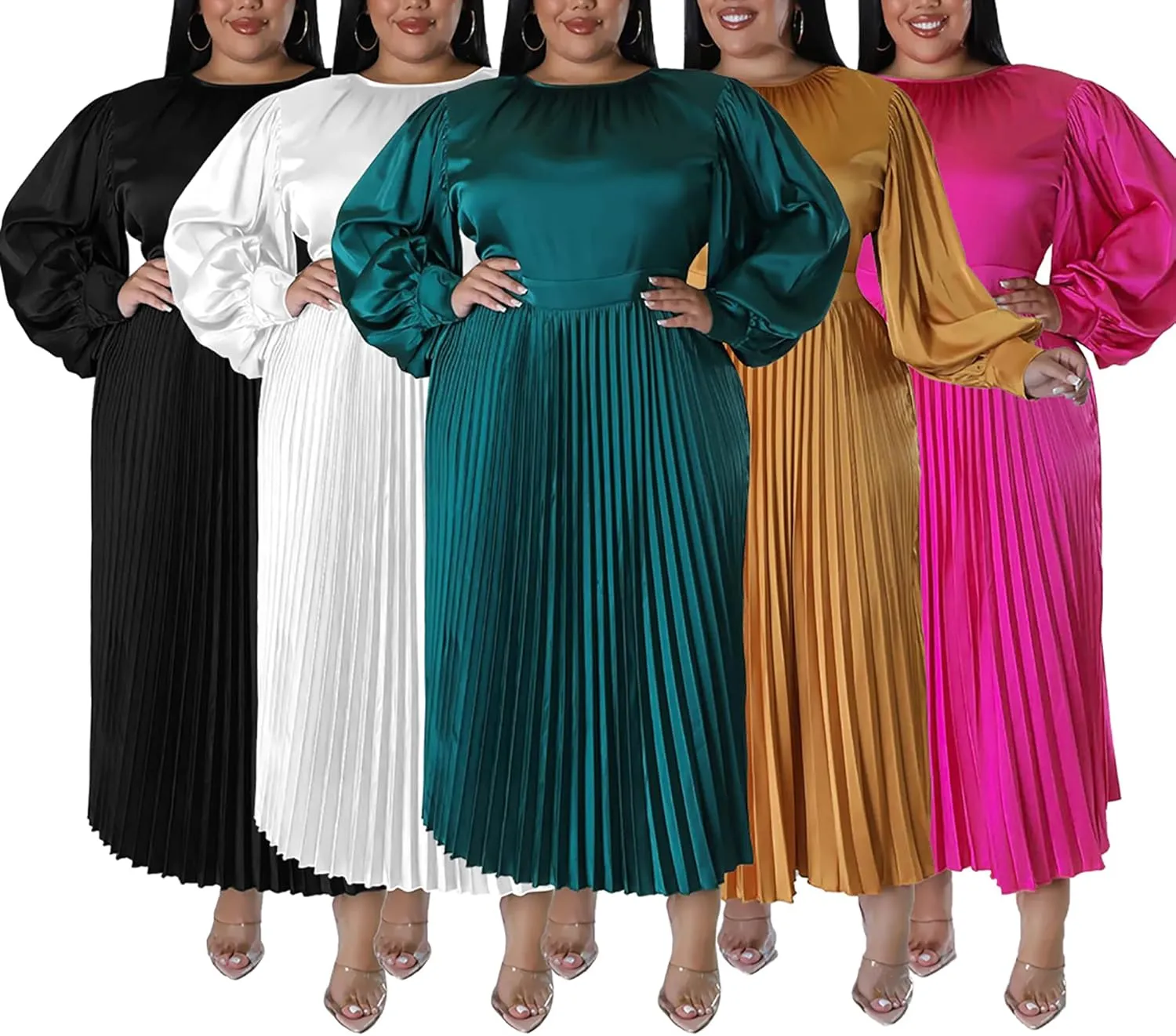 Women's Plus Size Maxi Dresses 2023 Fall Lantern Long Sleeve Flowy Swing Pleated Maxi Dresses