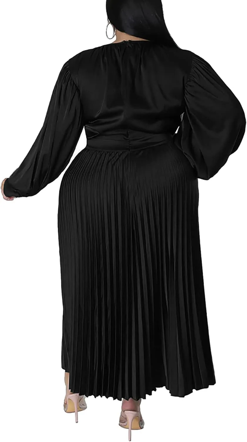 Women's Plus Size Maxi Dresses 2023 Fall Lantern Long Sleeve Flowy Swing Pleated Maxi Dresses