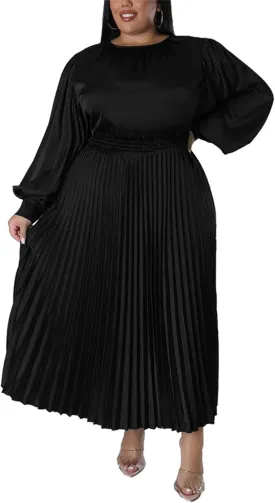 Women's Plus Size Maxi Dresses 2023 Fall Lantern Long Sleeve Flowy Swing Pleated Maxi Dresses