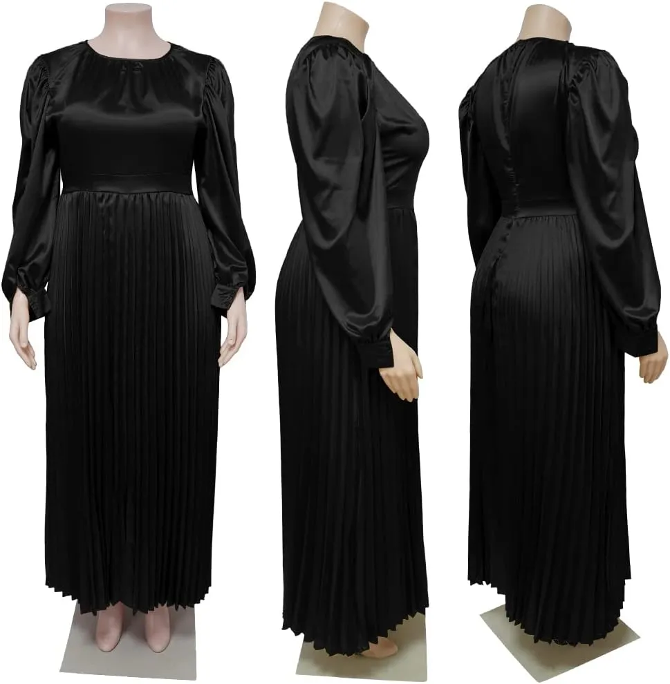 Women's Plus Size Maxi Dresses 2023 Fall Lantern Long Sleeve Flowy Swing Pleated Maxi Dresses
