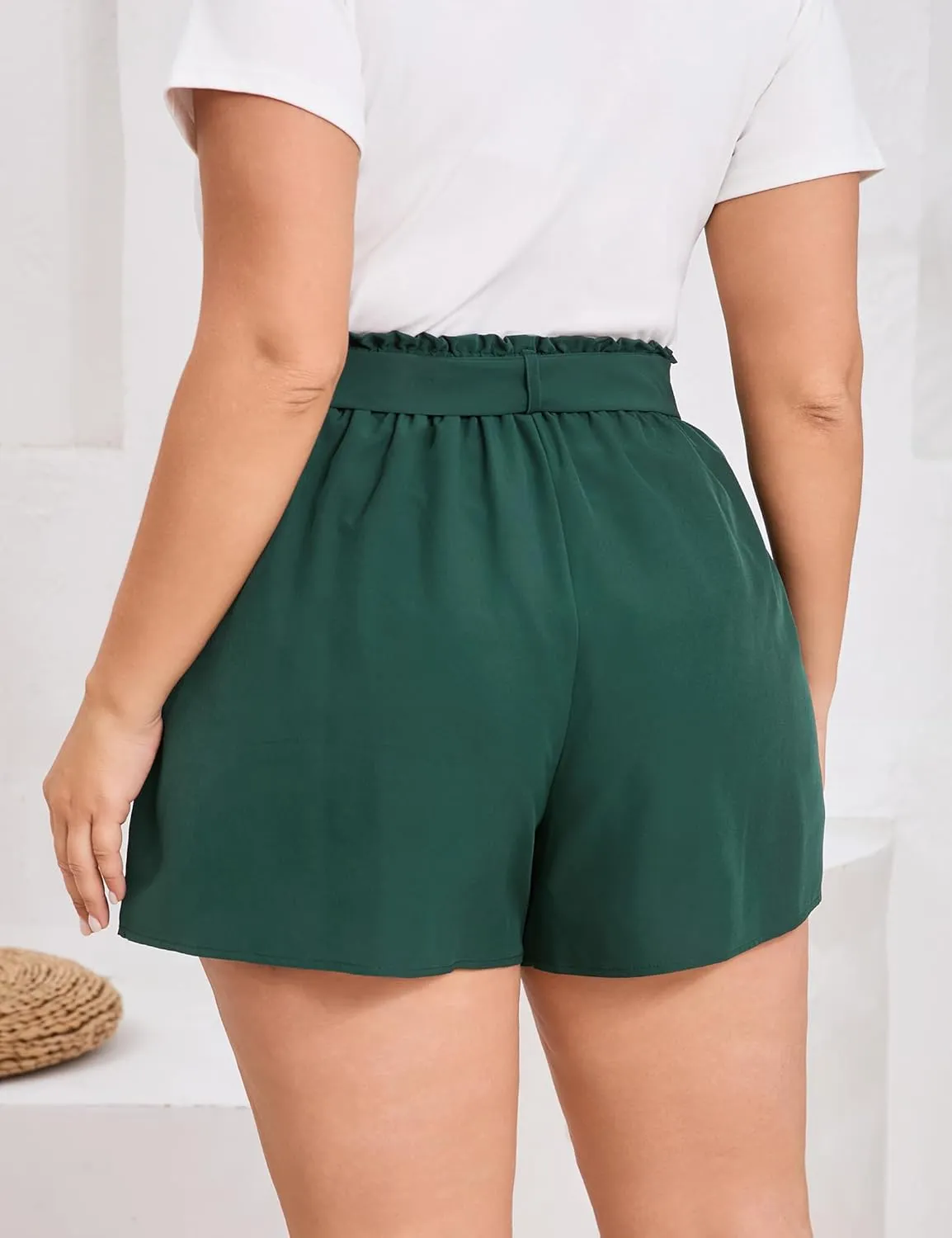 Womens Plus Size Paperbag Shorts Dressy Summer Elastic Waist Petal Wide Leg Flowy Comfy Lounge Shorts
